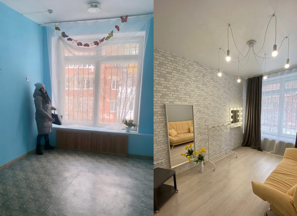 Было и стало. На фотографии справа — гостиная, где ожидают и переодеваются гости студии. А на потолке — "паук Борис". Фото Анны Мурзиновой