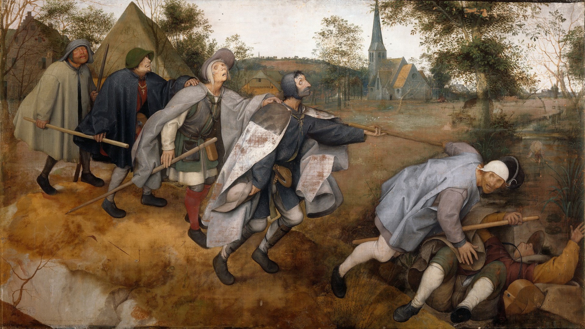 Картина Питера Брейгеля «Притча о слепых» (Голландия, 1568 год). Сюжет картины основан на библейской притче, суть которой: «Если слепой ведёт слепого, то оба они упадут в яму».