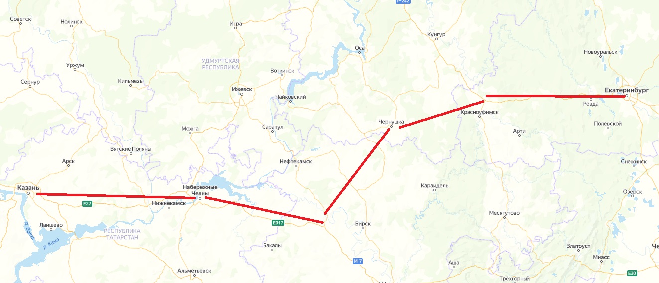 Примерная схема будущей трассы от Казани до Екатеринбурга.